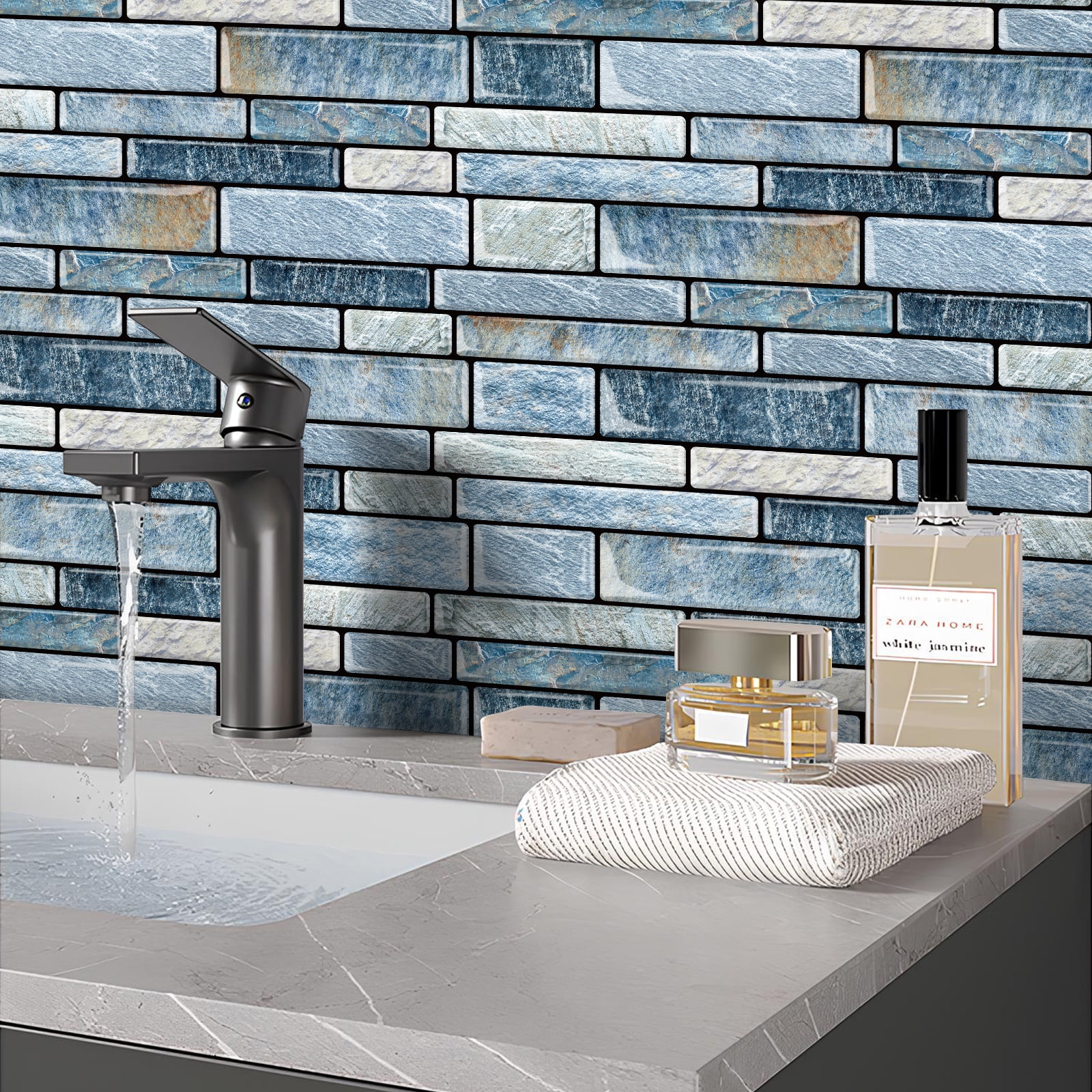 DEWOO 10-Sheet Peel and Stick Kitchen Backsplash Tiles, 12"x12" Self-Adhesive Marble Blue Wall Tiles for Kitchen and Bathroom(Blue Marble)