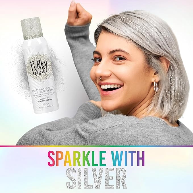 Punky Colour Temporary Hair and Body Glitter Spray, Multipurpose Spray On Hair Glitter, Silver, 3.5 oz Bottle