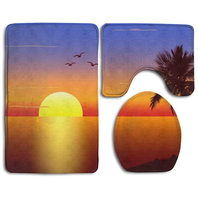 ABPHQTO Silueta de palmera al atardecer Juego de alfombras de baño de 3 piezas Alfombra de baño Alfombra de contorno y tapa de inodoro ABPHQTO Cont-CHAPPLE-36366