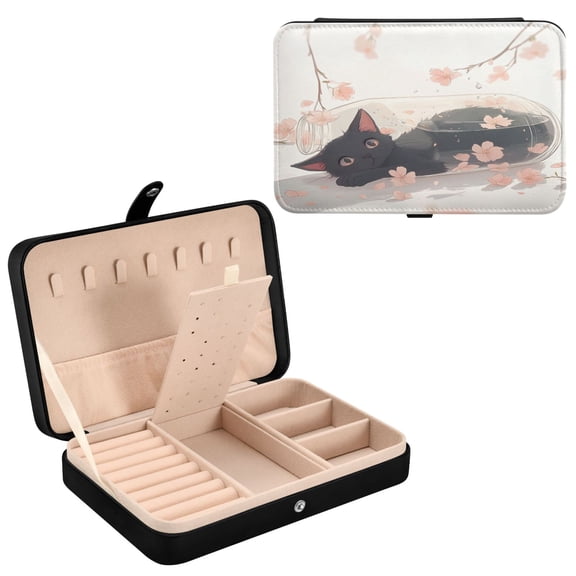 YAZAOO Leather Jewelry Box - Rectangular Cat in Bloom Pattern 8.27x5.5x1.78in Black