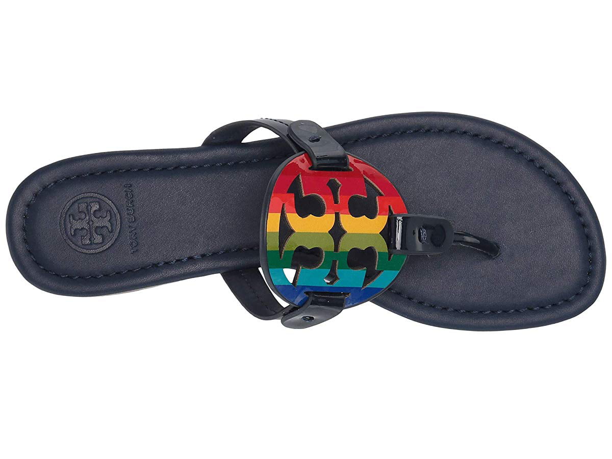 Tory Burch Women's Miller Printed Patent Leather Bright Rainbow / Royal  Navy Sandal - 7M 