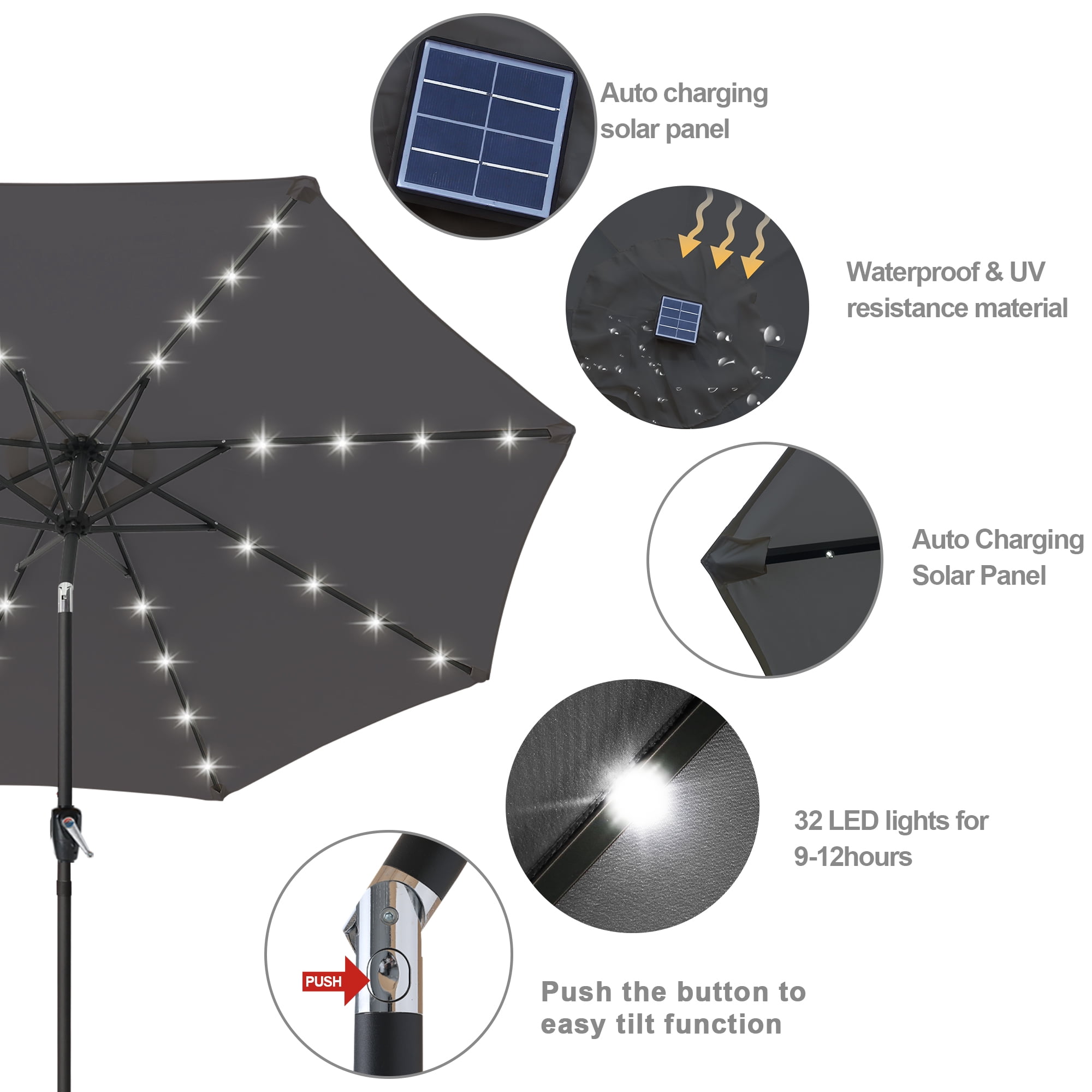 ABCCANOPY 7.5ft Patio Solar Umbrella LED Outdoor Umbrella with Tilt and Crank, Dark Gray