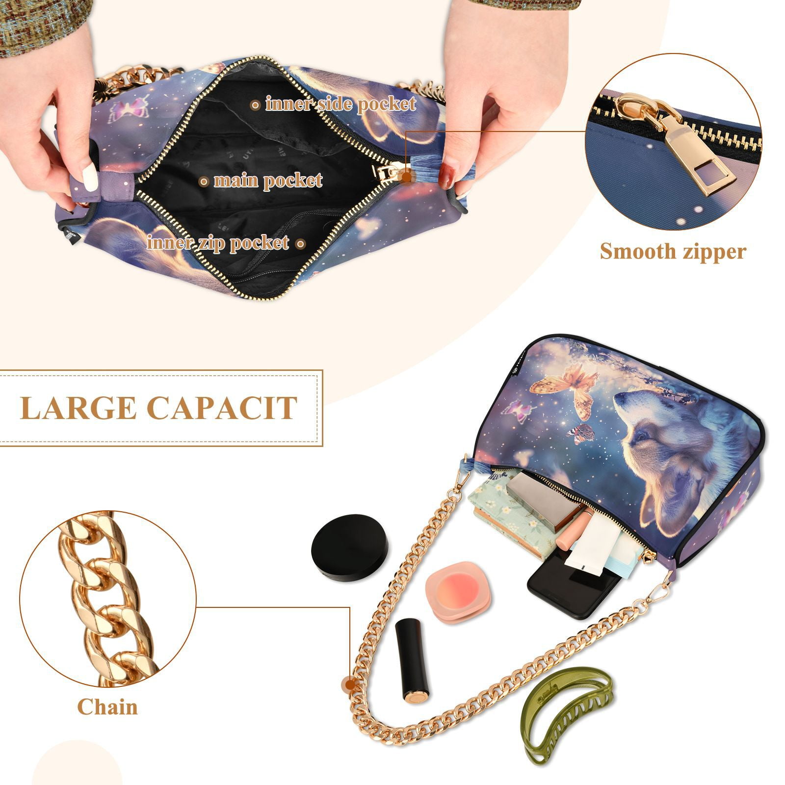 Corgi and Butterflies DogWomen Small Shoulder Bag Crossbody Tote Hobo Bags Purse Clutch Handbags with Chain Strap for Women