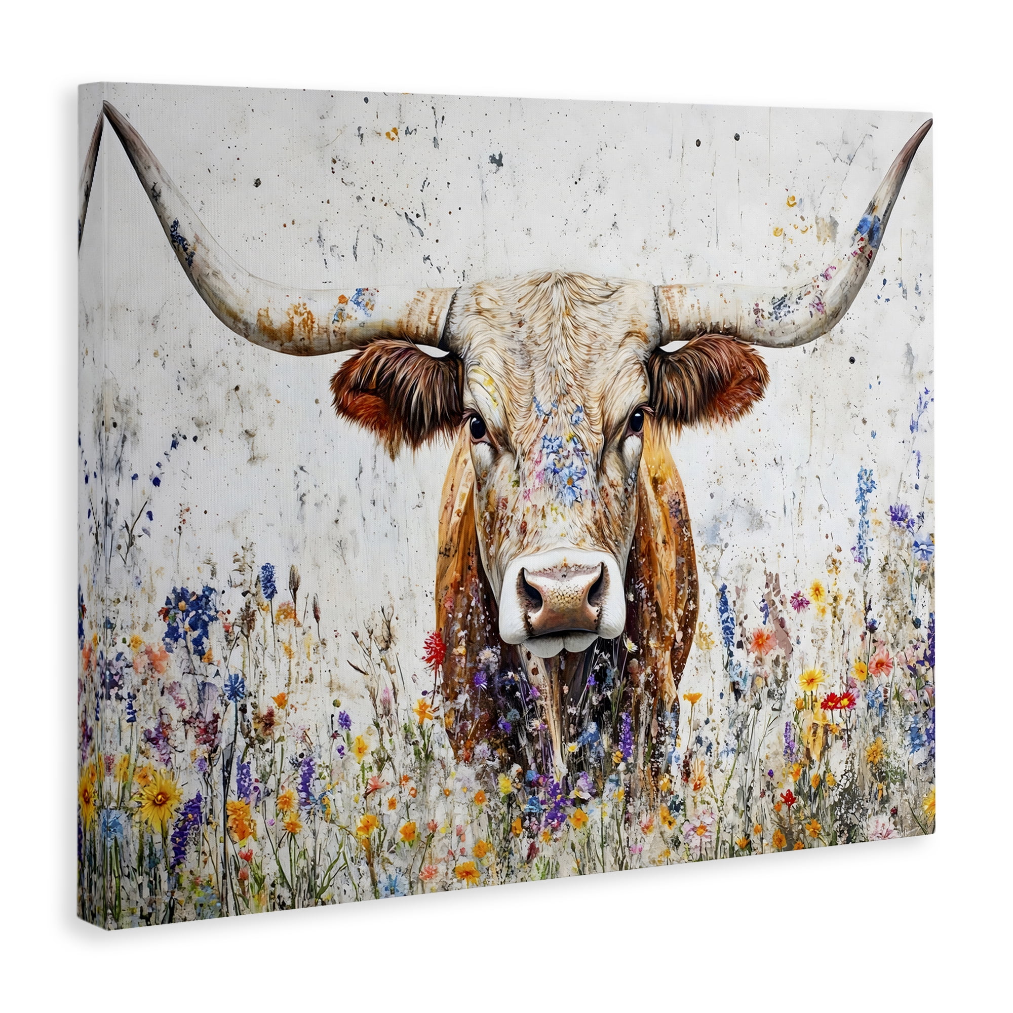 Stupell Industries Texas Longhorn Speckled Flowers Animals Painting Wrapped Canvas Canvas Art Print Wall Art, 30 x 24