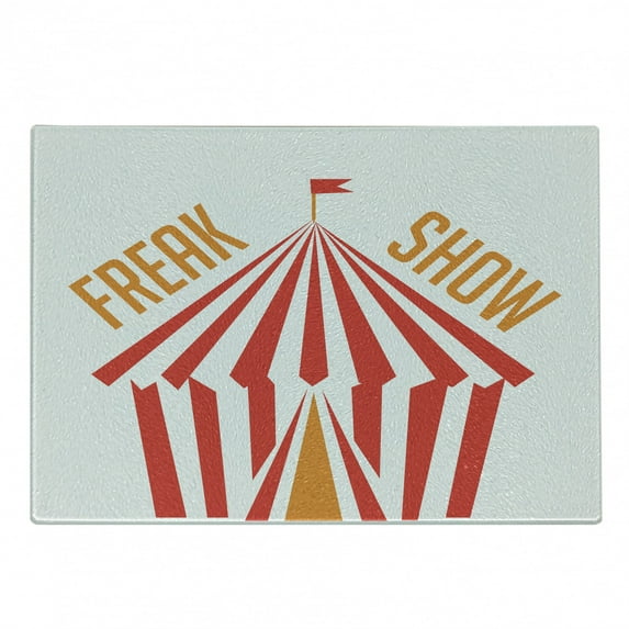 Freak Show Cutting Board, Circus Tent with a Flag and Typography Stripes in Summer Tones, Decorative Tempered Glass Cutting and Serving Board, in 3 Sizes, by Ambesonne