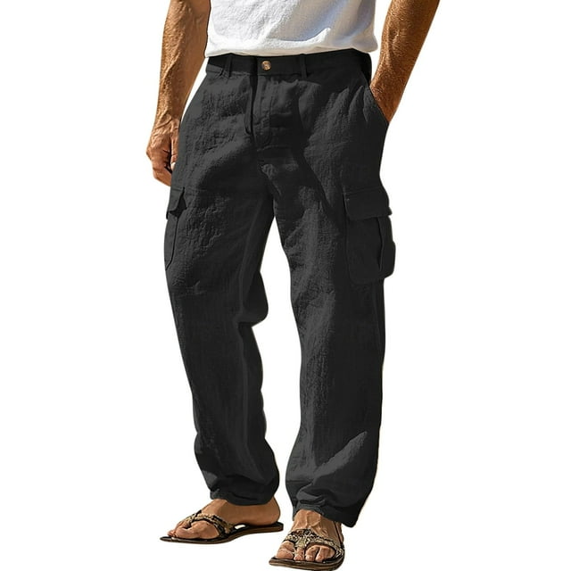 FcBaudy Full Length Pants Men's Linen Pants For Spring And Summer Multi Pocket Straight Leg Comfortable And Breathable Outdoor Pants Man pants