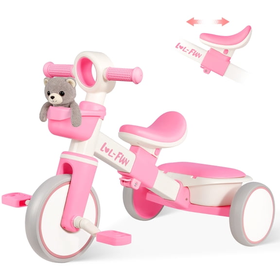 Adjustable Toddlers Tricycle with Storage Baskets& Removable Pedals, Kids Bike for Boys Girls Birthday Gift Age 2-4(Pink)