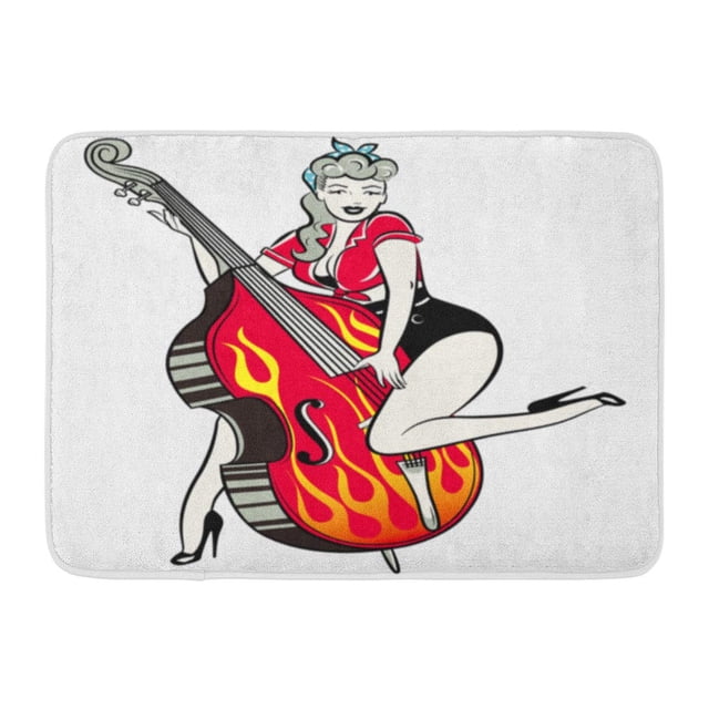 POGLIP Tapis de Sol Rockabilly Pinup Girl Rouge Jouant de la Double Barbe Flammes Rétro Bandana 23.6x15.7 Pouces