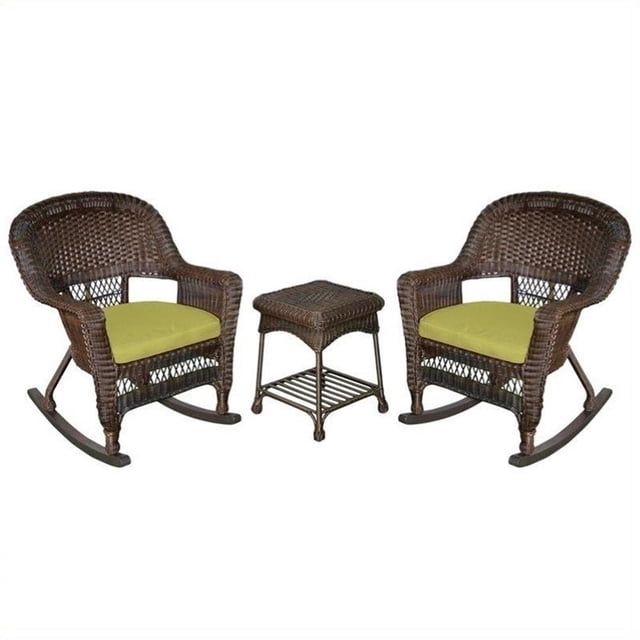 Afuera Living 3pc Wicker Rocker Chair Set in Espresso with Green Cushion
