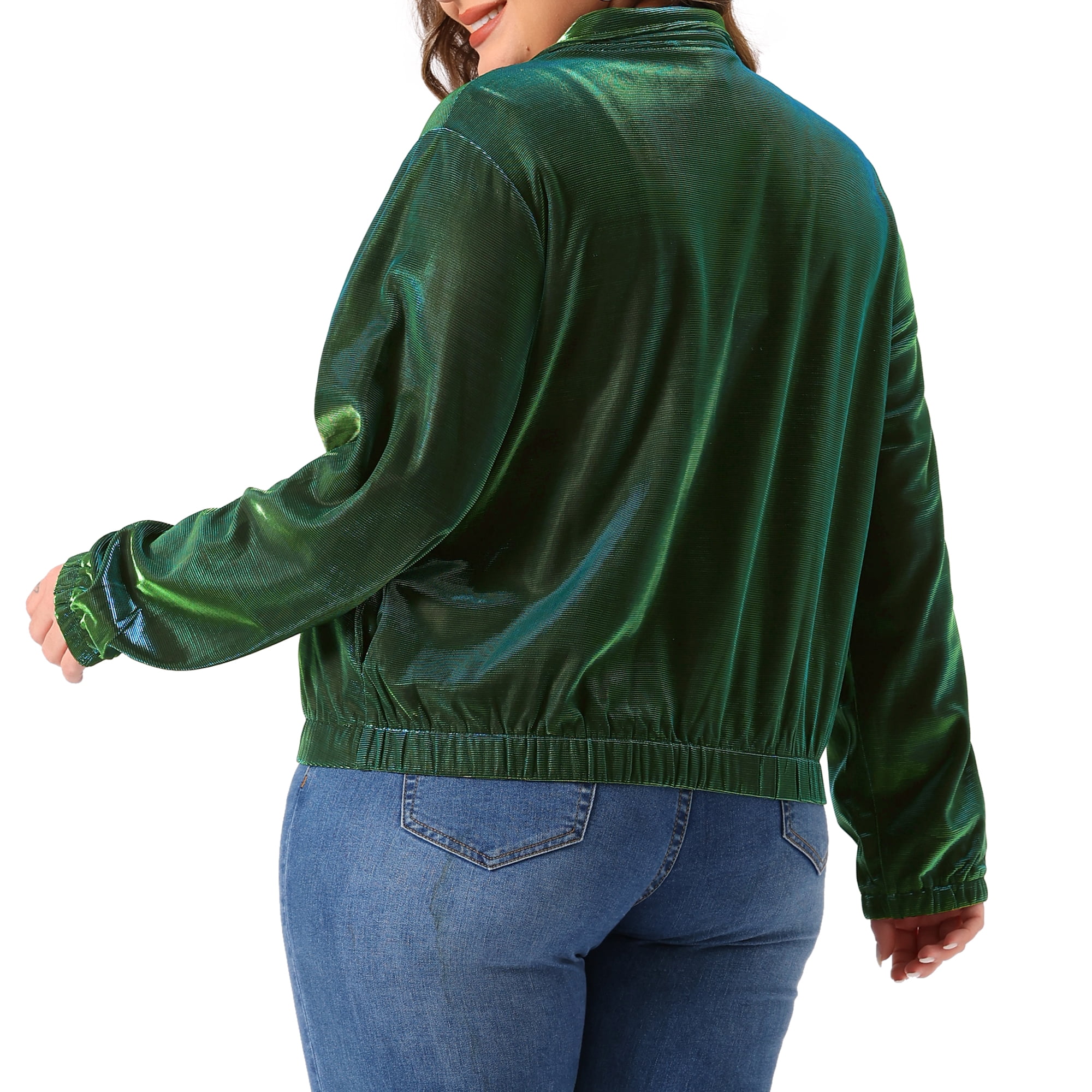 DARING DIVA Plus Size Holographic Long Sleeve Zip Up Mesh Jackets 1X Green