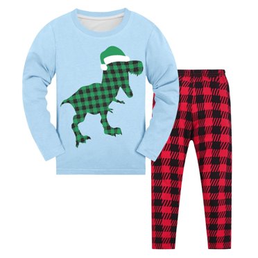 WENXIAOO Pyjamas de Noël pour Petits Garçons Imprimé Dinosaure Col Rond Manches Longues Ensemble Haut Pantalon Pyjama de Vacances Enfants 9-10 Ans Pyjamas pour Garçons