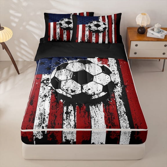 Manfei Soccer Sports Zipper Twin Comforter Sets with Fitted Sheet and 2 Pillowcases,Vintage Us Flag Zipper Bedding Set,Red White,Black Reversible,4pcs