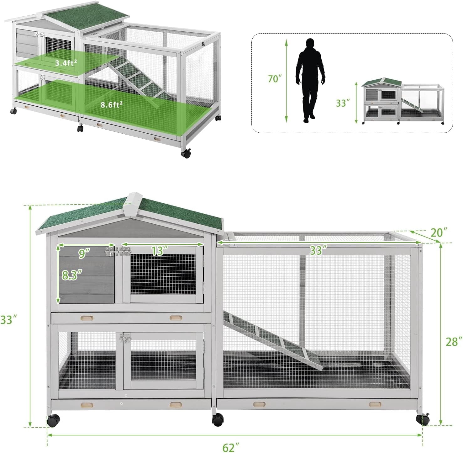 AECOJOY 61.5" Outdoor Wooden Rabbit Hutch, Two-Story Bunny Cage with Wheels, No-Leak Tray and Anti-Slip Ramp