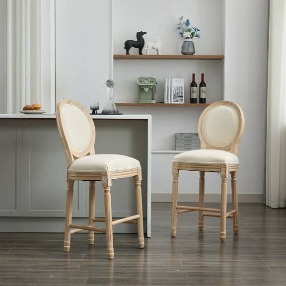 Youmumeub Solid Wood Bar Stools Set of 2, French Country Upholstered Barstools with Backrest, Classic Retro Wood Finish, Beige Fabric for Kitchen Counter