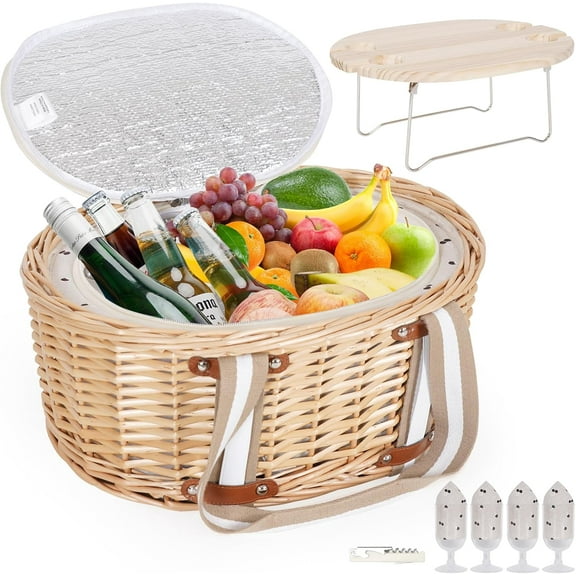 YANGLI Picnic Basket Set for 4, Wicker Insulated with Folding Wine Table, Wine Picnic Kit with Liner for Couples, Camping, Outdoor, Valentine (Cherry)