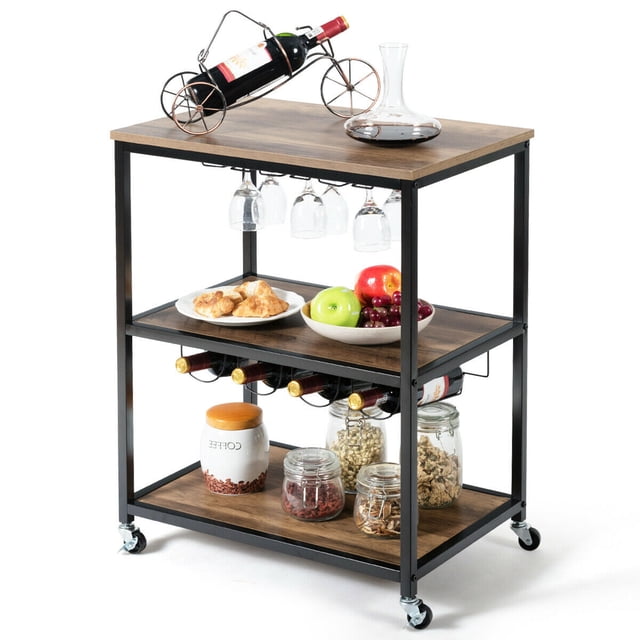 Gymax 3-Tier Rolling Kitchen Cart Utility Serving Bar Cart w/Glass Holder & Wine Rack