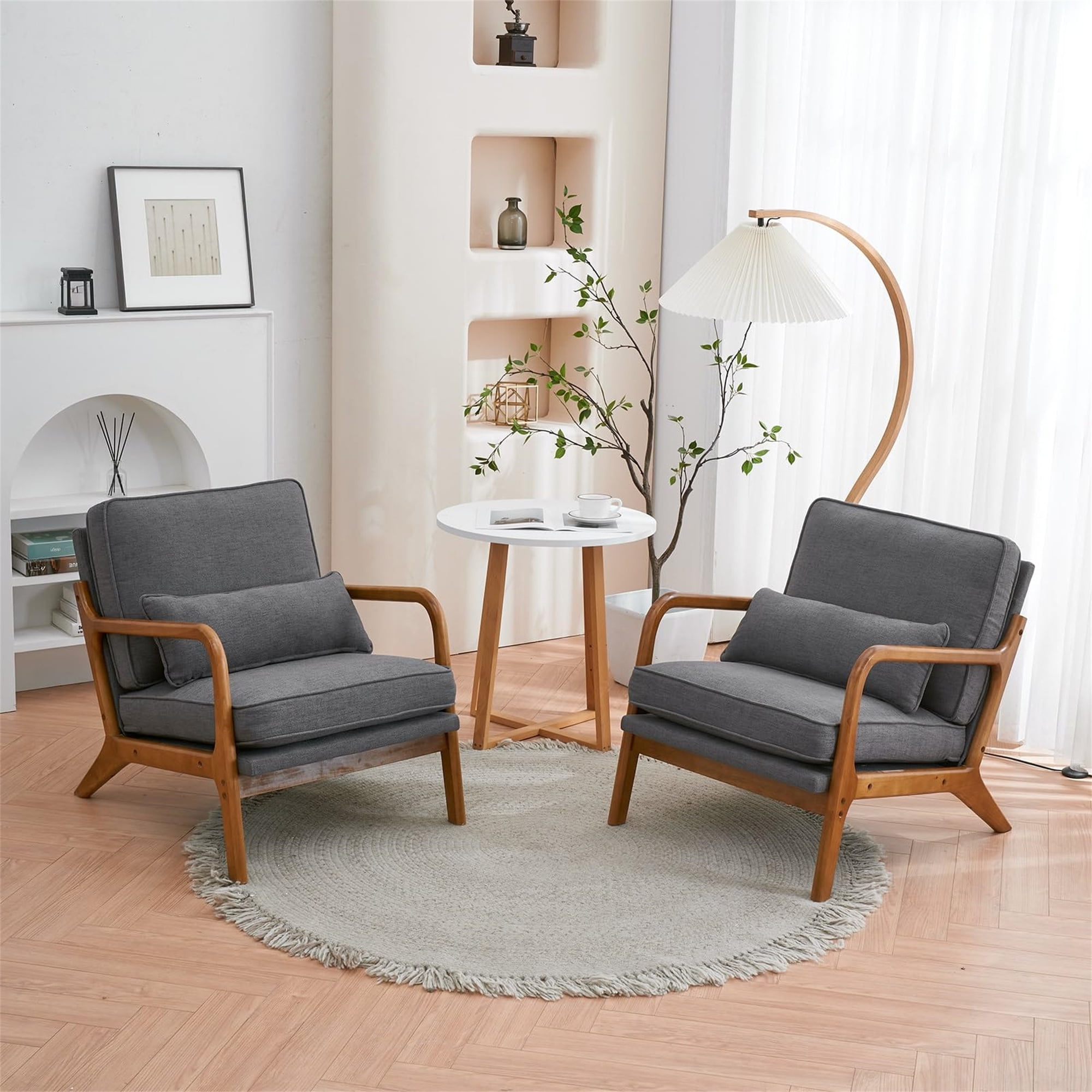 Aukfa Modern Accent Chair w/ Lumbar Pillow for Living Room, Mid Century, Wood Frame, Linen, Gray