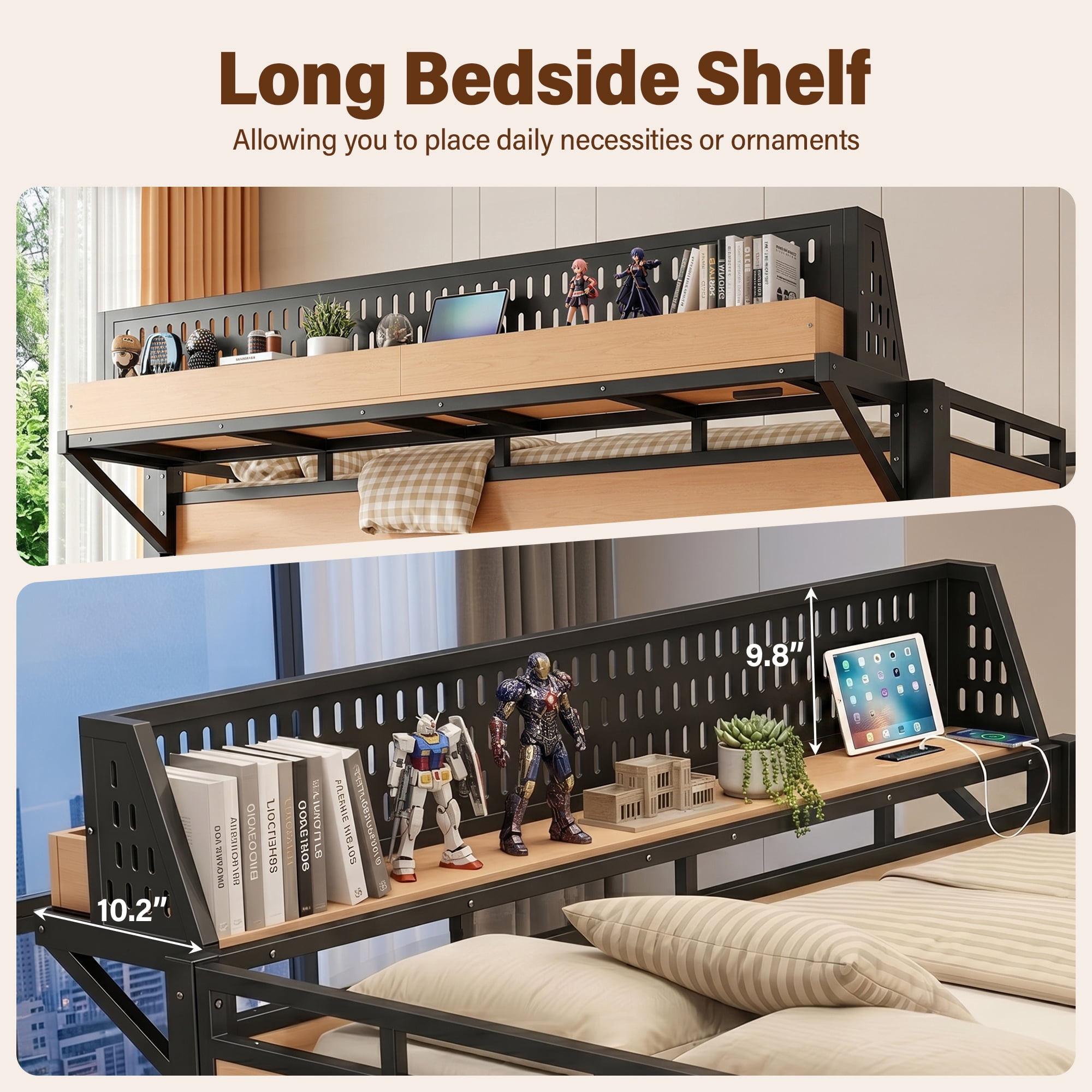 Aukfa Twin XL Metal Loft Bed with USB Charging Ports & LED Lights, Heavy Duty Loft Bed with Guardrails for Kids & Small Bedroom, Natural
