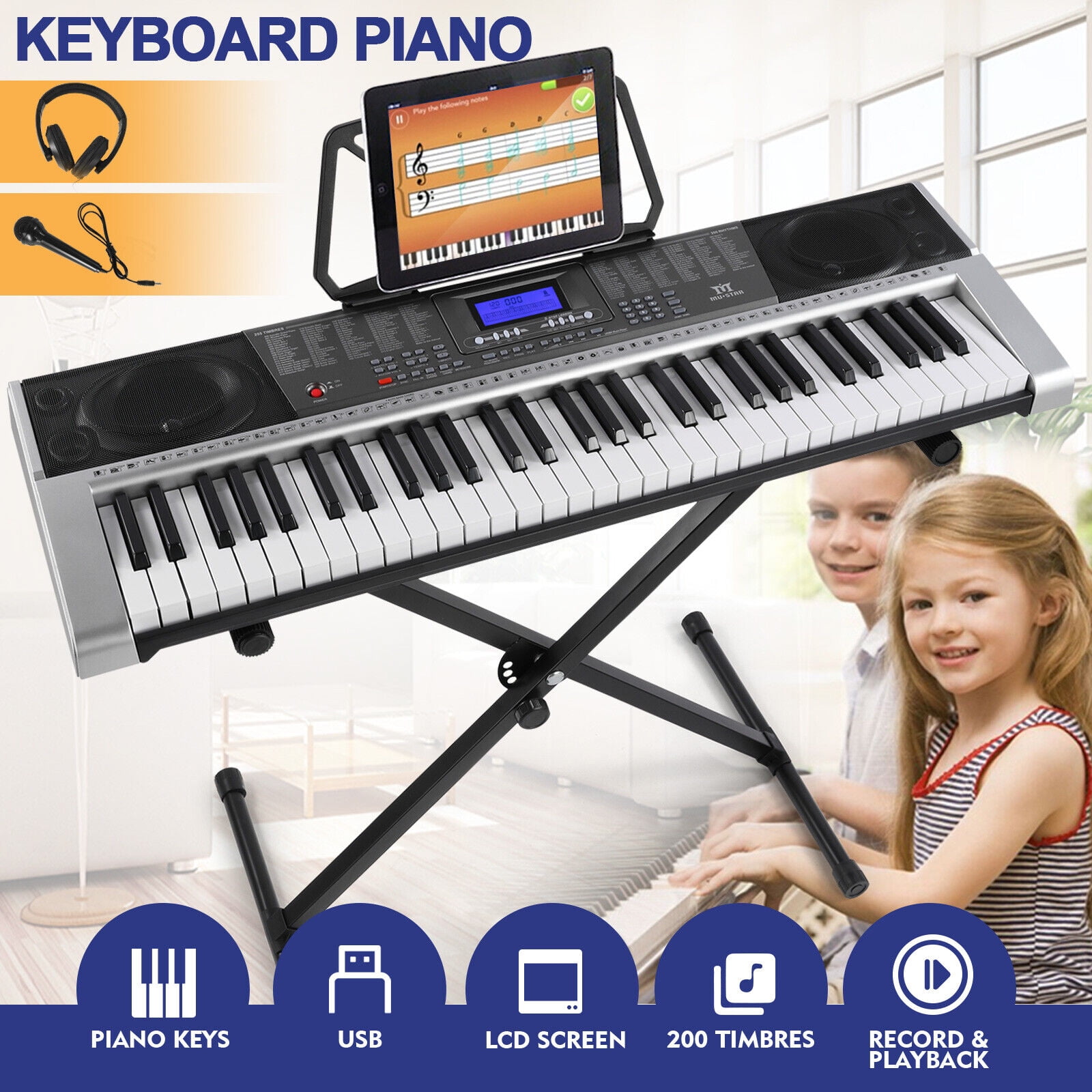 MUSTAR Full Size 61 Key Electric Piano Keyboard w/Stand,LCD Screen,Headphones,Microphone(Gray)