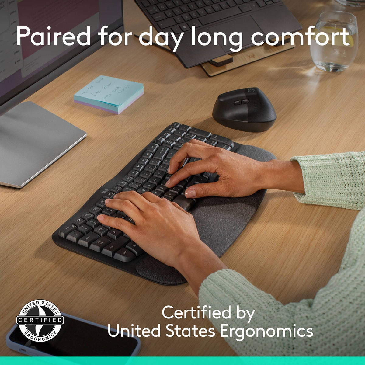 Logitech Wave Keys & Lift Vertical Mouse Ergonomic Wireless Keyboard and Mouse Combo with Cushioned Palm Rest Graphite 920013610