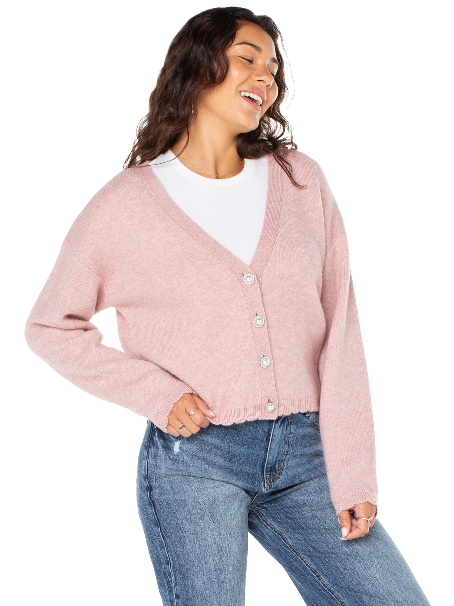 Celebrity Pink Women's Scalloped Hem Jewel Button Cardigan Sweater with Long Sleeves, Sizes XS-XXXL