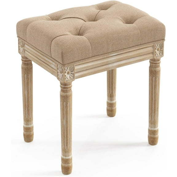 Upholstered Fabric Vanity Bench Seat, Makeup Stools for Vanity, Square Tufted Ottoman Bench with Carved Wood Color Legs for Bedroom Living Room, Wheat Color