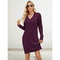 thumbnail image 5 of Women'S V Neck Long Sleeve Above the Knee Relaxed Pullover Fall Sweater Dresses Purple Red M, 5 of 7
