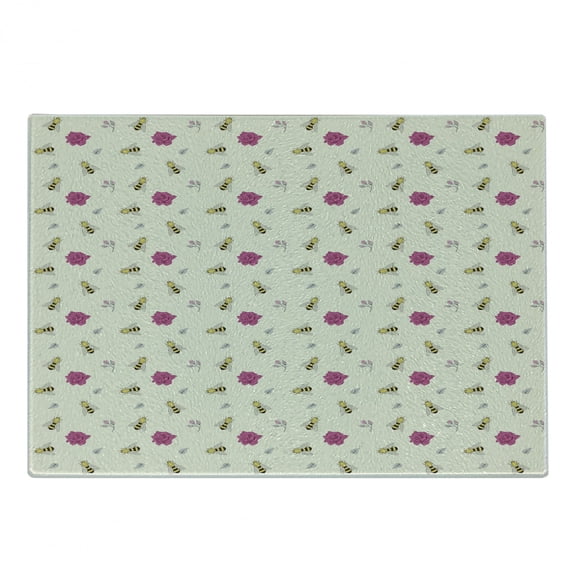 Bee Cutting Board, Hand-Drawn Honey Bees Rose Buds Petals and Leaves Pattern on Plain Background, Decorative Tempered Glass Cutting and Serving Board, Small Size, Multicolor, by Ambesonne