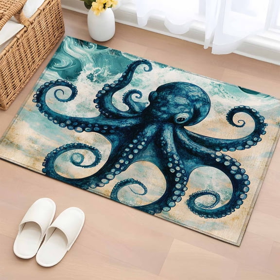 Teal Blue Octopus Bathroom Rug Washable 2x3 Entryway Rug Non Slip Summer Coastal Beach Wave Front Door Mat Low Pile Indoor Doormat Throw Floor Carpet for Kitchen Bedroom Entrance