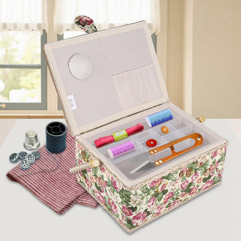 Handmade Fabric Sewing Basket Cloth Sewing Storage Box Household Sewing Organizer Organizing Home For Thread Needle Garden rose 