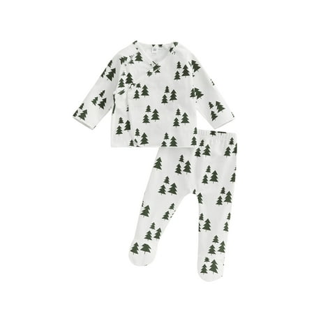 

Bagilaanoe 2Pcs Newborn Baby Girl Christmas Outfits Print Long Sleeve Shirt Tops + Footed Trousers 3M 6M Infant Fall Long Pants Set