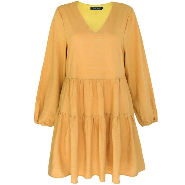 Cute Shift Robe des Femmes avec Poches Entièrement Doublée Manches Cloche Ourlet V Cou Tunique Swing en Vrac Mini Robe