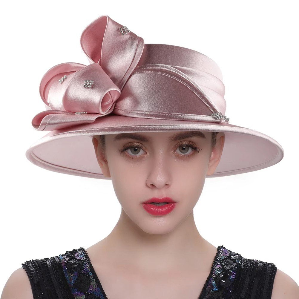 Jiibva Satin Cloth Church Hat Women Wide Brim Hat Elegant Wedding Photography Hat Female Banquet Fancy Fascinator Formal Hat