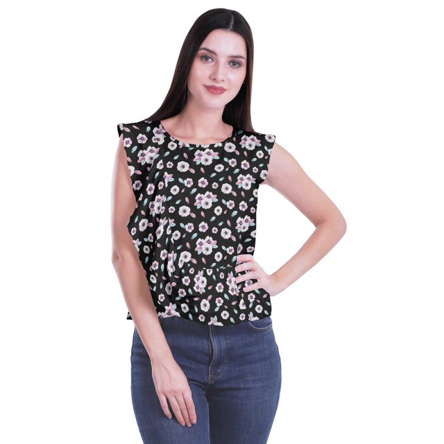 Moomaya Débardeur Sans Manches à Volants Imprimé pour Femmes Col Rond Crop Top Décontracté
