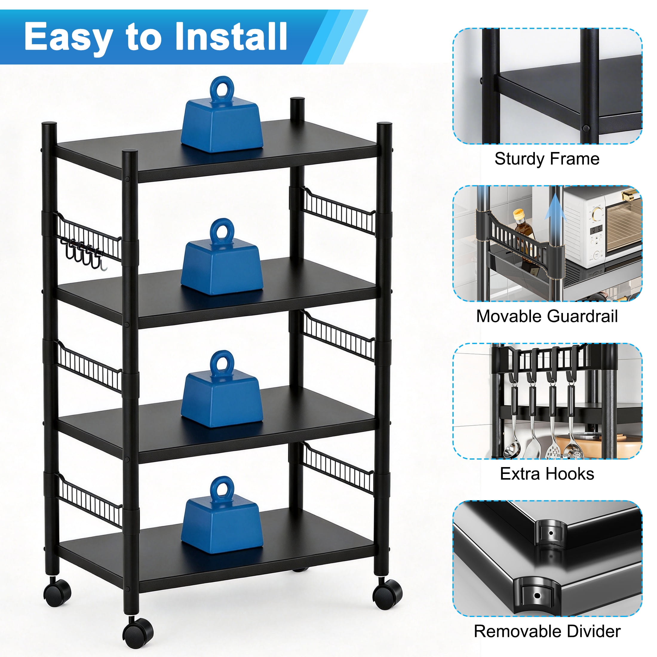 4 Tier Rolling Storage Cart, Metal Kitchen Storage Rack with Wheels, Multifunctional Adjustable Utility Shelving Unit, Mobile Organizer Shelf for Kitchen, Bathroom, Pantry & Laundry Room