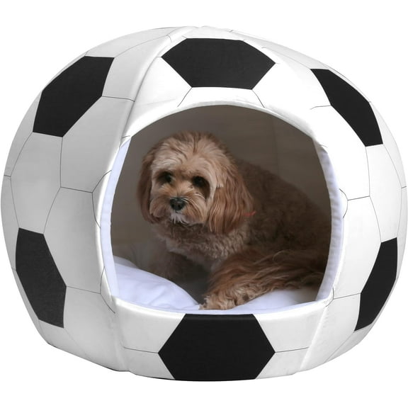 Maccabi Art Small Soccer Ball Pet Bed – Igloo-Style Dome for Small Dogs & Cats – Plush Cushion, Non-Slip Base – 18 x 16 x 16 in