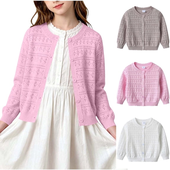 Pretxorve Kids Girls Boys Jacket Solid Hollow Out Knit Crew Neck Long Sleeve Cardigan Outerwear Sizes 0-6Y