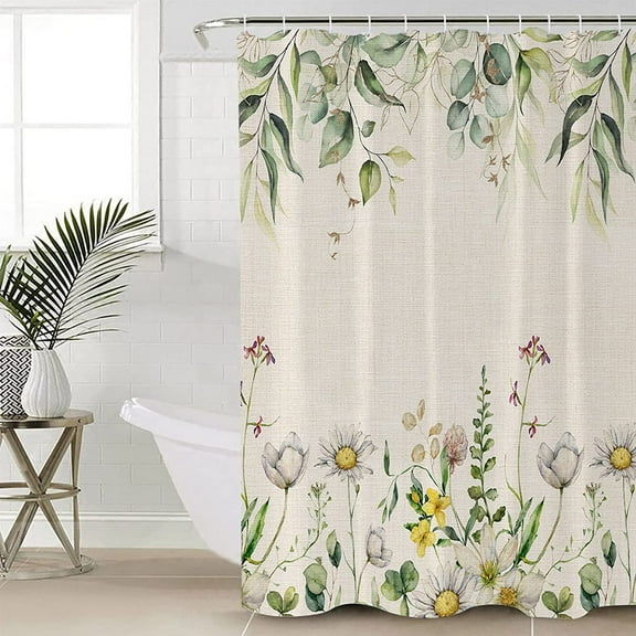 Spring Floral Shower Curtain, Stall Shower Curtains for Bathroom/Bathtub, Weeping Eucalyptus Leaves Botanical Summer Flowers Daisy Waterproof Fabric Shower Curtain Set with 12 Hooks, 54" x 78"