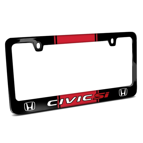 Honda Civic Si Dual Logos Red Racing Stripe Black Metal License Plate Frame