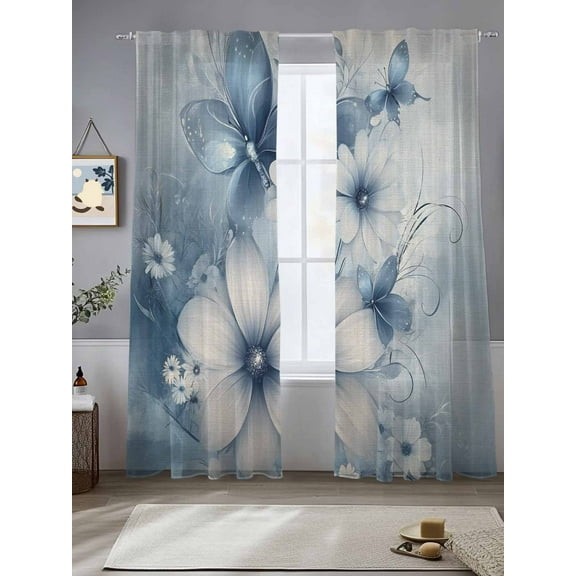 Blue White Daisy Sheer Curtains for Living Room Bedroom Vintage Elegant Butterfly Flowers Sheer Curtains 84 Inch Long 2 Panels Set Light Filtering Curtain Window Treatments Drapes for Dining Room
