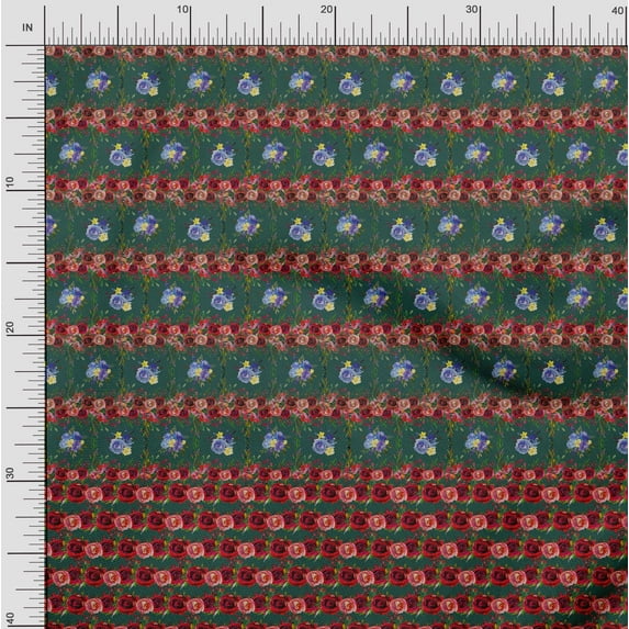 Soimoi Green Rayon Fabric Stripe,Pink & Blue Flower Panel Print Fabric by The Yard 56 Inch Wide