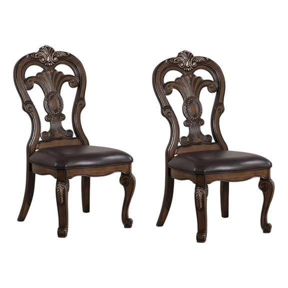 Leova Side Dining Chair Set of 2-Carved Corbels-Gold Tip Crown-Brown Wood