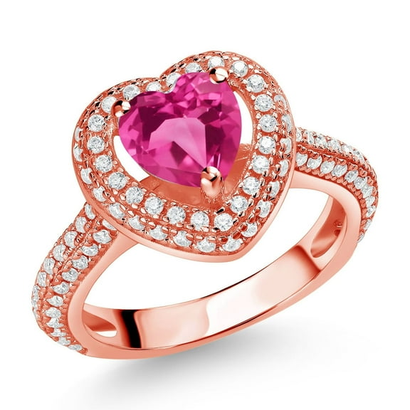 Gem Stone King 18K Rose Gold Plated Silver Pink Created Sapphire and White Moissanite Heart Shape Ring for Women (1.42 Cttw, Size 9)