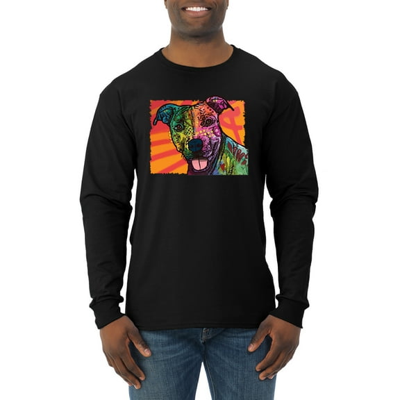 Cute Smiling Neon Pitbull Dog Breed Dog Lover Mens Long Sleeve Shirt, Black, Small