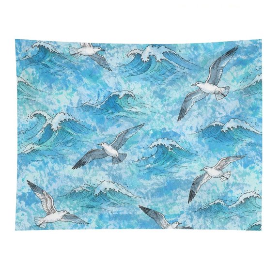 BCIIG Seagulls And Ocean Waves Watercolor Blue Nautical Seamless Pattern Tapestry, Polyester Print Wall Hanging Tapesties for Bedroom Dorm Living Room, Aesthetic Home Decor for Adults And Family