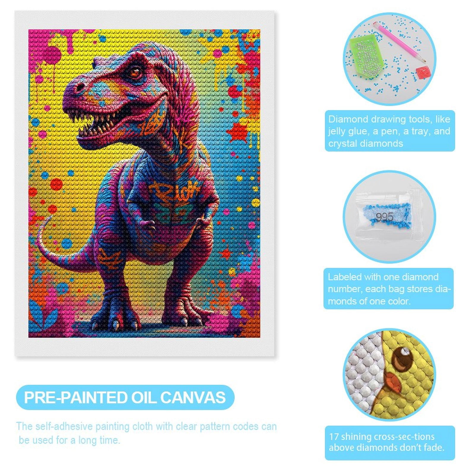 Diamond Art Kits for Adults, Colorful Graffiti Dinosaur Art 5D Diamond Painting Kits for Adults Beginners, DIY Full Drill Diamond Painting, Gem Art and Crafts 12x16