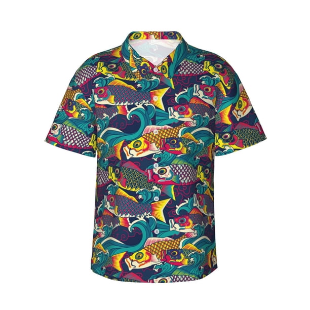Fotbe Colorful Carp Streamer Camisa Hawaiana para Hombre Unisex – Camisa Casual de Verano con Botones de Manga Corta de Algodón y Lino,X-Large
