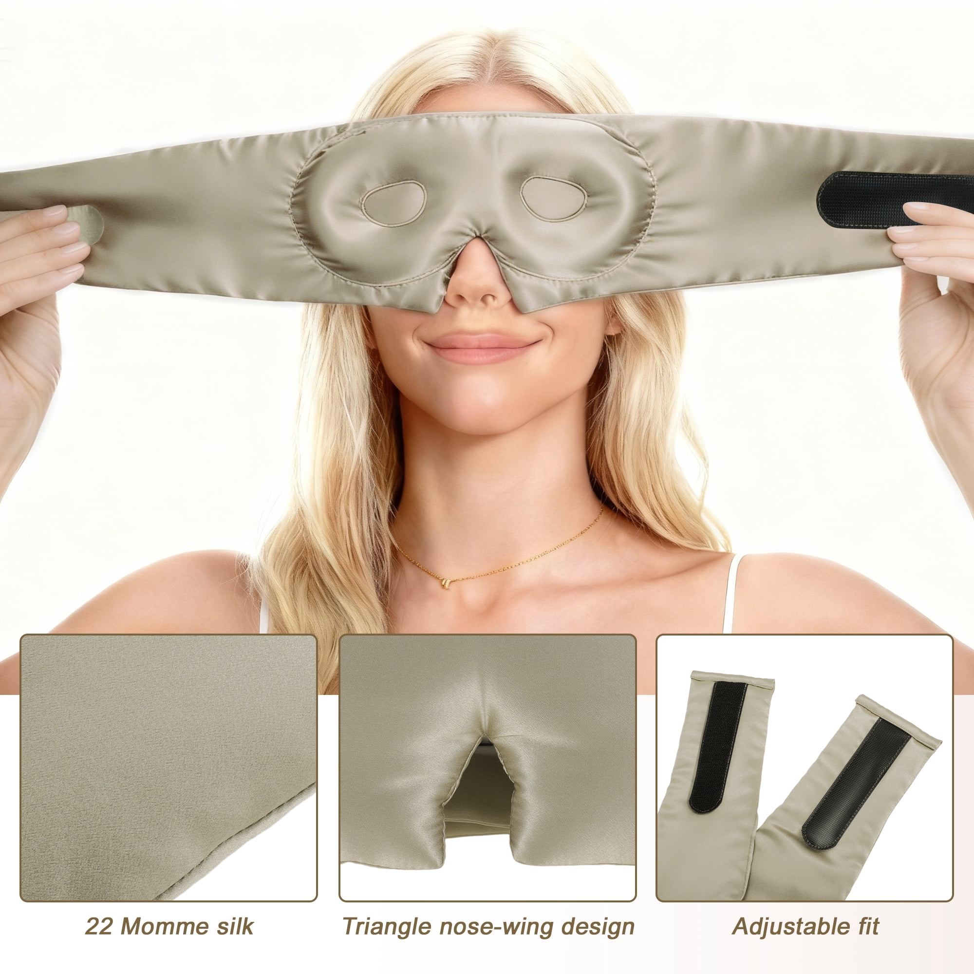 22 Momme Pure Silk Sleep Mask with Travel Pouch, 3D Contour Adjustable Blindfold for Side Sleepers, Taupe