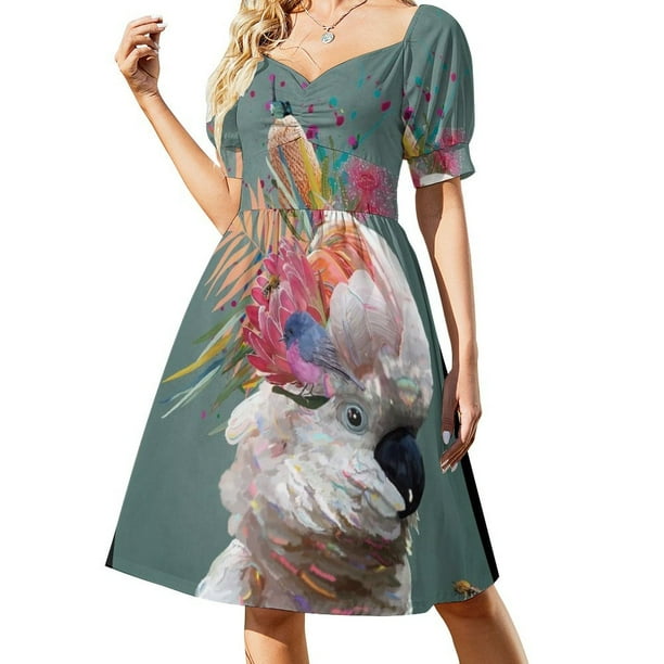 Vestido de manga corta con diseño abstracto de cacatúa australiana. Vestidos de noche para mujer. Vestidos de lujo para mujer.