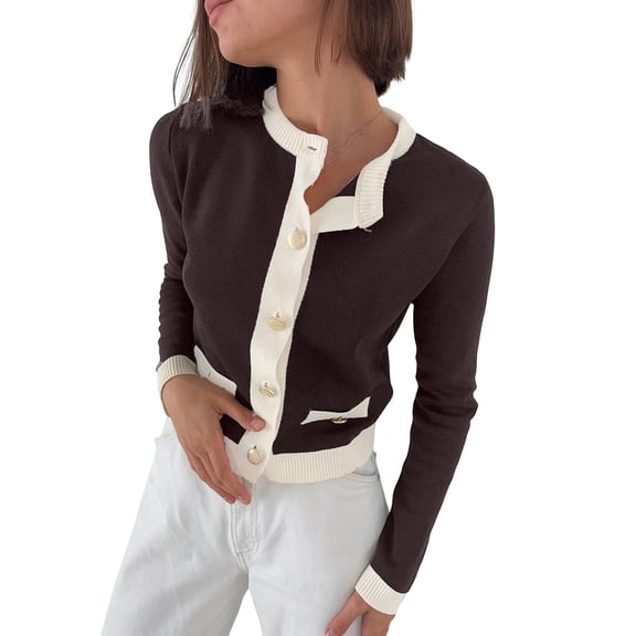Women'S Contrast Trim Long Sleeve Button Front V Neck Cardigan Brown S